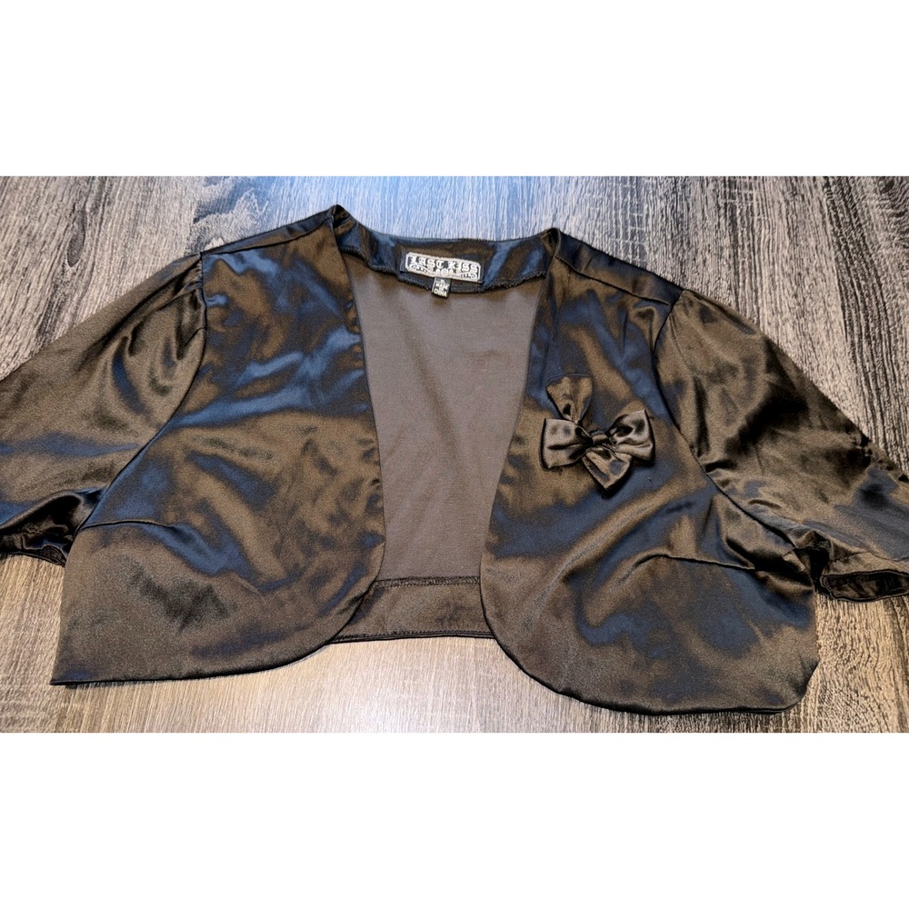 last kiss Black Satin Cropped Bolero with Bow Accent